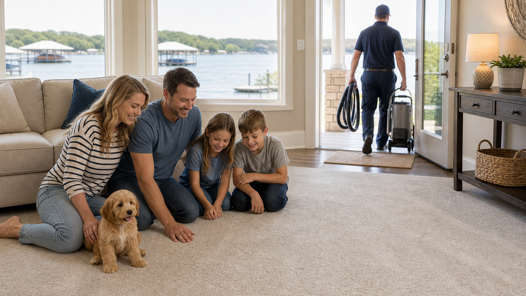 Happy family and puppy enjoying freshly cleaned carpet as the cleaner leaves